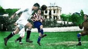 EN LOS 20. Bernabéu remata de cabeza sobre la portería del Athletic de Madrid defendida por Barroso.