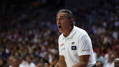 MADRID, SPAIN - AUGUST 11: Sergio Scariolo, head coach of Spain, gestures during the basketball friendly national match played between Spain Team and Greece Team at Wizink Center pavilion on August 11, 2022, in Madrid, Spain. (Photo By Oscar J. Barroso/Europa Press via Getty Images)