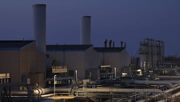 MALLNOW GERMANY - MARCH 24: A compressor station of the Jagal natural gas pipeline stands at twilight on March 24, 2022 near Mallnow, Germany. The Jagal is the German extension of the Yamal-Europe pipeline that transports Russian natural gas to Germany. T