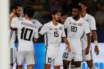 Soccer Football - FIFA Club World Cup Third Place Match - Al Jazira vs CF Pachuca - Zayed Sports City Stadium, Abu Dhabi, United Arab Emirates - December 16, 2017   Al Jazira’s Khalfan Alrezzi celebrates scoring their first goal with team mates        REU