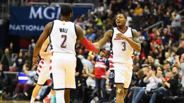 Feb 10, 2017; Washington, DC, USA; Washington Wizards guard Bradley Beal (3) and Washington Wizards guard John Wall (2) talk against the Indiana Pacers during the second half at Verizon Center. Mandatory Credit: Brad Mills-USA TODAY Sports