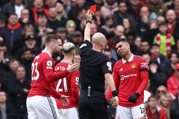 Casemiro reacts after being shown a red card by referee Anthony Taylor during the Premier League match between Manchester United and Southampton at Old Trafford.