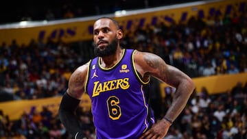 LOS ANGELES, CA - NOVEMBER 4: LeBron James #6 of the Los Angeles Lakers looks on during the game against the Utah Jazz on November 4, 2022 at Crypto.Com Arena in Los Angeles, California. NOTE TO USER: User expressly acknowledges and agrees that, by downloading and/or using this Photograph, user is consenting to the terms and conditions of the Getty Images License Agreement. Mandatory Copyright Notice: Copyright 2022 NBAE (Photo by Adam Pantozzi/NBAE via Getty Images)