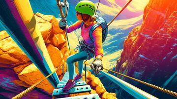 Mujer en una Vía Ferrata en las montañas, con puesta de sol al fondo.