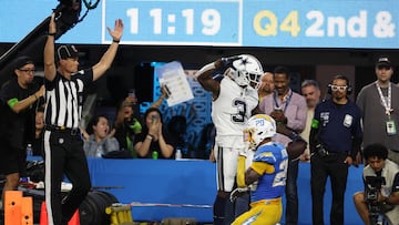 Oct 16, 2023; Inglewood, California, USA;  Dallas Cowboys wide receiver Brandin Cooks (3) reacts after catching a touchdown pass against Los Angeles Chargers safety Dean Marlowe (20) during the fourth quarter at SoFi Stadium. Mandatory Credit: Kiyoshi Mio-USA TODAY Sports