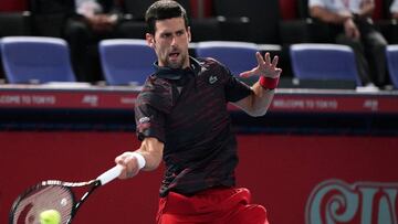 TOKYO, JAPAN - OCTOBER 02: Novak Djokovic of Serbia hits a return shot against Go Soeda of Japan on day three of the Rakuten Open at the Ariake Coliseum on October 02, 2019 in Tokyo, Japan. (Photo by Koji Watanabe/Getty Images)