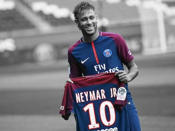 TOPSHOT - Brazilian superstar Neymar poses with his new jersey during his official presentation at the Parc des Princes stadium on August 4, 2017 in Paris after agreeing a five-year contract following his world record 222 million euro ($260 million) transfer from Barcelona to Paris Saint Germain&#039;s (PSG).
 Paris Saint-Germain have signed Brazilian forward Neymar from Barcelona for a world-record transfer fee of 222 million euros (around $264 million), more than doubling the previous record. Neymar said he came to Paris Saint-Germain for a &quot;bigger challenge&quot; in his first public comments since arriving in the French capital. / AFP PHOTO / Lionel BONAVENTURE        (Photo credit should read LIONEL BONAVENTURE/AFP/Getty Images)