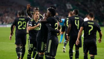 GLASGOW, SCOTLAND - SEPTEMBER 06: Vinicius Junior player of Real Madrid celebrates with his teammates after scoring a goal during the UEFA Champions League group F match between Celtic FC and Real Madrid at Celtic Park on September 06, 2022 in Glasgow, Scotland. (Photo by Antonio Villalba/Real Madrid via Getty Images)