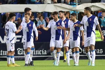 Los jugadores del Espanyol, tras el tercer gol de la anterior ronda, ante el CD Rincón.
