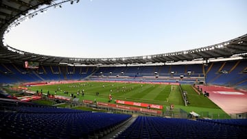 FILE PHOTO: Soccer Football - Coppa Italia - Final - Napoli v Juventus - Stadio Olimpico, Rome, Italy - June 17, 2020  General view inside the stadium during the warm up, as play resumes behind closed doors following the outbreak of the coronavirus diseas