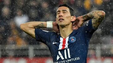 Paris Saint-Germain's Argentine midfielder Angel Di Maria reacts during the French L1 football match between Dijon Football Cote-d'Or (DFCO) and Paris Saint-Germain (PSG) on November 1, 2019, at the Gaston Gerard stadium in Dijon. (Photo by Phil