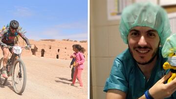 Pablo Diéguez, durante una participación en la Titán Desrt y su labor como celador en un hospital de Ourense.