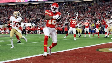LAS VEGAS, NEVADA - FEBRUARY 11: Mecole Hardman Jr. #12 of the Kansas City Chiefs celebrates after catching the game-winning touchdown in overtime to defeat the San Francisco 49ers 25-22 during Super Bowl LVIII at Allegiant Stadium on February 11, 2024 in Las Vegas, Nevada.   Ezra Shaw/Getty Images/AFP (Photo by EZRA SHAW / GETTY IMAGES NORTH AMERICA / Getty Images via AFP)