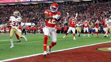 LAS VEGAS, NEVADA - FEBRUARY 11: Mecole Hardman Jr. #12 of the Kansas City Chiefs celebrates after catching the game-winning touchdown in overtime to defeat the San Francisco 49ers 25-22 during Super Bowl LVIII at Allegiant Stadium on February 11, 2024 in Las Vegas, Nevada.   Ezra Shaw/Getty Images/AFP (Photo by EZRA SHAW / GETTY IMAGES NORTH AMERICA / Getty Images via AFP)