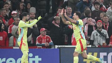 COPENHAGEN, DENMARK - NOVEMBER 15: Mikel Oyarzabal of Spain celebrates scoring his team's first goal with teammate Alex Baena during the UEFA Nations League 2024/25 League A Group A4 match between Denmark and Spain at on November 15, 2024 in Copenhagen, Denmark. (Photo by Stuart Franklin/Getty Images)