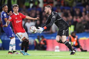 Manchester United goalkeeper David de Gea during the Premier League match between Chelsea and Manchester United at Stamford Bridge on October 22, 2022.