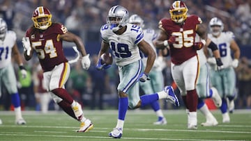Nov 22, 2018; Arlington, TX, USA; Dallas Cowboys wide receiver Amari Cooper (19) runs for a touchdown after catching a pass in the third quarter against the Washington Redskins at AT&amp;T Stadium. Mandatory Credit: Tim Heitman-USA TODAY Sports