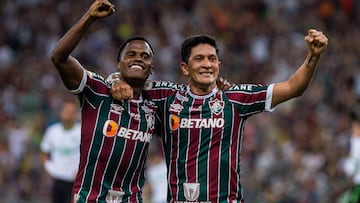 Jhon Arias y Germán Cano celebrando un gol en Fluminense.