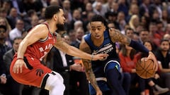 Feb 10, 2020; Toronto, Ontario, CAN;   Minnesota Timberwolves guard D&#039;Angelo Russell (0) dribbles the ball against Toronto Raptors guard Fred VanVleet (23) in the second half at Scotiabank Arena. Mandatory Credit: Dan Hamilton-USA TODAY Sports