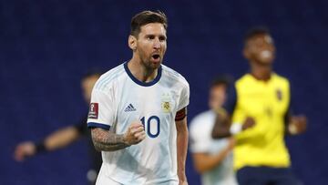 Soccer Football - World Cup 2022 South American Qualifiers - Argentina v Ecuador - Estadio La Bombonera, Buenos Aires, Argentina - October 8, 2020 Argentina&#039;s Lionel Messi celebrates scoring their first goal REUTERS/Agustin Marcarian