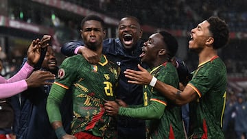 Cameroon's forward #26 Christian Kofane celebrates scoring his team's second goal during the Africa Cup of Nations (CAN) round of 16 football match between South Africa and Cameroon at Al Medina Stadium in Rabat on January 4, 2026. (Photo by Paul ELLIS / AFP)
