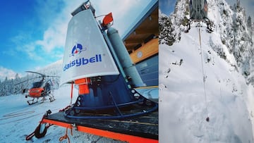 La campana de control de avalanchas de Chamonix Heli Co. a la izquierda en primer plano con el helic&oacute;ptero al fondo y a la derecha colgando con una cuerda a unos 30 metros, generando un alud. 