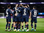 Soccer Football - Ligue 1 - Paris St Germain v Toulouse - Parc des Princes, Paris, France - April 3, 2026 Paris St Germain's Ousmane Dembele celebrates scoring their first goal with teammates REUTERS/Benoit Tessier