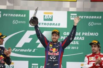 El piloto alemán de Red Bull, Sebastian Vettel, celebra su victoria en el Gran Premio de Brasil de Fórmula Uno, circuito de Interlagos