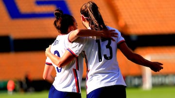 MONTERREY, MEXICO - JULY 04: Alex Morgan (R) of United States celebrates with Mallory Pugh (L) after scoring his team's first goal during the match between United States and Haiti as part of the 2022 Concacaf W Championship at Universitario Stadium on July 4, 2022 in Monterrey, Mexico. (Photo by Alfredo Lopez/Jam Media/Getty Images)