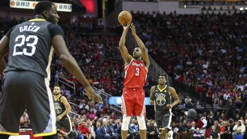 Jan 20, 2018; Houston, TX, USA; Houston Rockets guard Chris Paul (3) makes a three point basket during the second quarter against the Golden State Warriors at Toyota Center. Mandatory Credit: Troy Taormina-USA TODAY Sports