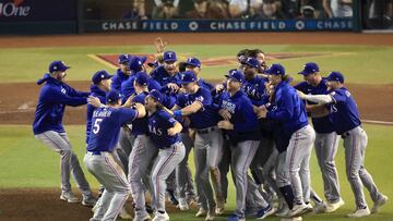 PHOENIX, ARIZONA - NOVEMBER 01: The Texas Rangers celebrate after beating the Arizona Diamondbacks 5-0 in Game Five to win the World Series at Chase Field on November 01, 2023 in Phoenix, Arizona.   Sean M. Haffey/Getty Images/AFP (Photo by Sean M. Haffey / GETTY IMAGES NORTH AMERICA / Getty Images via AFP)