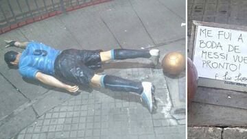 La estatua de Luis Suárez apareció esta mañana en el suelo.