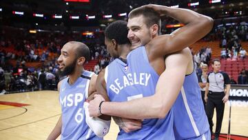 MIAMI, FLORIDA - FEBRUARY 26: Juan Hernangomez #41 of the Minnesota Timberwolves hugs Malik Beasley #5 after they defeated the Miami Heat at American Airlines Arena on February 26, 2020 in Miami, Florida. NOTE TO USER: User expressly acknowledges and agrees that, by downloading and/or using this photograph, user is consenting to the terms and conditions of the Getty Images License Agreement.   Michael Reaves/Getty Images/AFP
 == FOR NEWSPAPERS, INTERNET, TELCOS &amp; TELEVISION USE ONLY ==