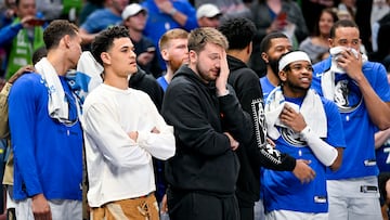 Apr 7, 2023; Dallas, Texas, USA; Dallas Mavericks guard Josh Green (8) and guard Luka Doncic (77) and forward Reggie Bullock (25) and forward Markieff Morris (13) and center JaVale McGee (00) watch the game between the Dallas Mavericks and the Chicago Bulls during the second half at the American Airlines Center. Mandatory Credit: Jerome Miron-USA TODAY Sports