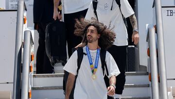 Spain's defender #24 Marc Cucurella arrives at Adolfo Su�rez Madrid�Barajas Airport the day after winning the UEFA Euro 2024 final against England, in Madrid on July 15, 2024. (Photo by OSCAR DEL POZO / AFP)