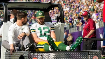 Oct 15, 2017; Minneapolis, MN, USA; Green Bay Packers quarterback Aaron Rodgers (12) is taken off the field on a cart in the first quarter against the Minnesota Vikings at U.S. Bank Stadium. Mandatory Credit: Brad Rempel-USA TODAY Sports