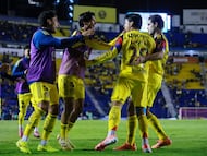Soccer Football - Liga MX - Club America v Puebla - Estadio Azteca, Mexico City, Mexico - October 21, 2025 Club America's Ramon Juarez celebrates scoring their second goal with teammates REUTERS/Eloisa Sanchez