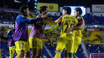 Soccer Football - Liga MX - Club America v Puebla - Estadio Azteca, Mexico City, Mexico - October 21, 2025 Club America's Ramon Juarez celebrates scoring their second goal with teammates REUTERS/Eloisa Sanchez