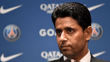 El presidente del PSG Nasser Al-Khelaïfi durante la presentación de Christophe Galtier como nuevo entrenador del conjunto parisino.