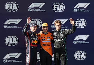 Los tres más rápidos el sábado en Ímola. Oscar Piastri hizo el mejor tiempo, junto a él, Max Verstappen, que fue segundo, y George Russell que marcó el tercer mejor registro.