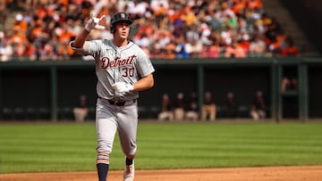 BALTIMORE, MD - SEPTEMBER 22: Kerry Carpenter #30 of the Detroit Tigers reacts while rounding the bases after hitting a solo home run against the Baltimore Orioles during the third inning at Oriole Park at Camden Yards on September 22, 2024 in Baltimore, Maryland. Scott Taetsch/Getty Images/AFP (Photo by Scott Taetsch / GETTY IMAGES NORTH AMERICA / Getty Images via AFP)