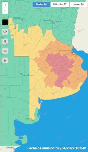 El SMN emitió distintos alertas para el martes 26 y el miércoles 27 de abril.