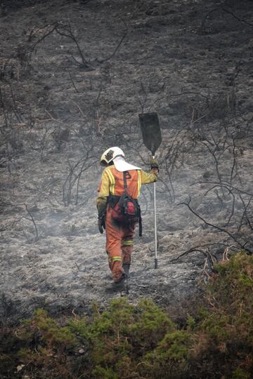 Bomberos de Asturias trabajan para extinguir las llamas en un incendio forestal en Toraño, Asturias (España). El Gobierno regional activó el pasado jueves por la noche  el Plan de Incendios Forestales del Principado de Asturias (INFOPA).