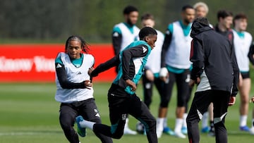 Soccer Football - UEFA Champions League - Liverpool Training - AXA Training Centre, Liverpool, Britain - April 7, 2026 Liverpool's Rio Ngumoha and Trey Nyoni during training Action Images via Reuters/Jason Cairnduff