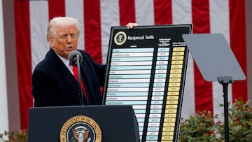 FILE PHOTO: U.S. President Donald Trump delivers remarks on tariffs in the Rose Garden at the White House in Washington, D.C., U.S., April 2, 2025. REUTERS/Carlos Barria/File Photo