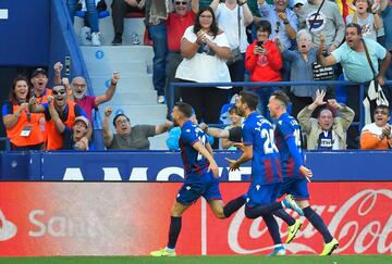 Levante 2-1 Barcelona | Recibió Mayoral en la frontal del área, a unos 25 metros de la portería, se la colocó a su pierna buena y sacó un chut potentísimo a la derecha de Ter Stegen, que voló, la tocó, pero no la sacó.