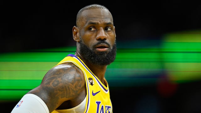 Jan 28, 2026; Cleveland, Ohio, USA; Los Angeles Lakers forward LeBron James (23) stands on the court in the third quarter against the Cleveland Cavaliers at Rocket Arena. Mandatory Credit: David Richard-Imagn Images