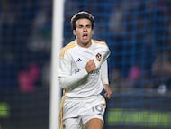 Oct 26, 2024; Carson, California, USA; Los Angeles Galaxy midfielder Riqui Puig (10) celebrates goal in the second half against the Colorado Rapids in a 2024 MLS Cup Playoffs Round One match at Dignity Health Sports Park. Mandatory Credit: Alex Gallardo-Imagn Images