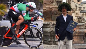 Manuel Quinziato rueda con el maillot de campe&oacute;n de Italia contrarreloj y posa con su t&iacute;tulo de doctor en Derecho.