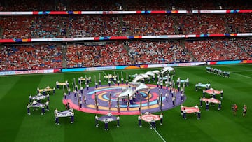 This general view shows performances during the opening ceremony ahead of the UEFA Women's Euro 2025 Group A football match between Switzerland and Norway at the St Jakob-Park Stadium in Basel on July 2, 2025. (Photo by Bernadett Szabo / POOL / AFP)